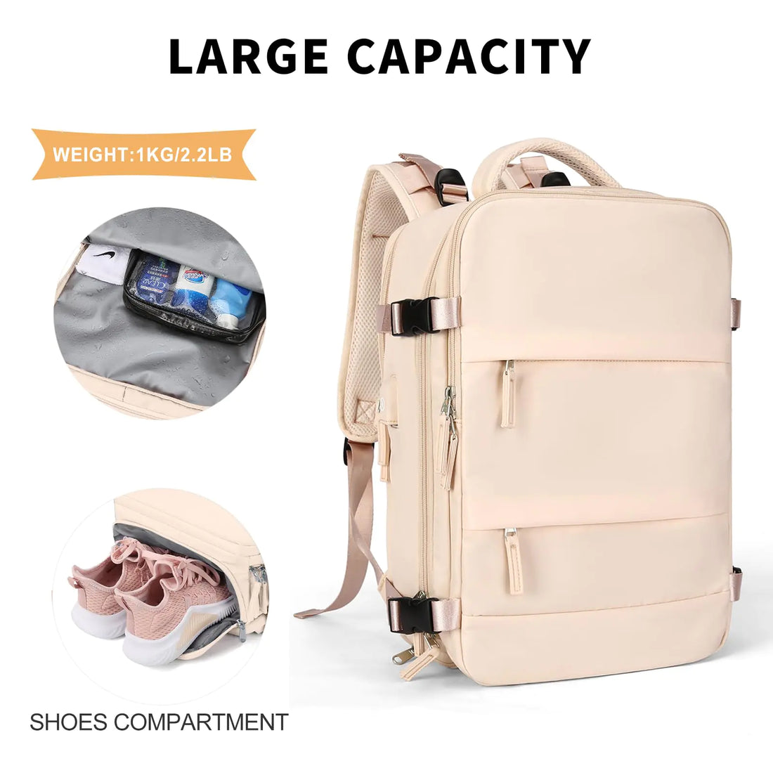 Coowoz Large Waterproof Travel Backpack for Men and Women (Beige)
