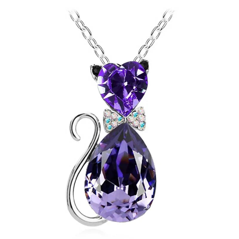 Heart Crystal Cat Pendant Necklace for Cat Lovers - Crystal Opal Pendant