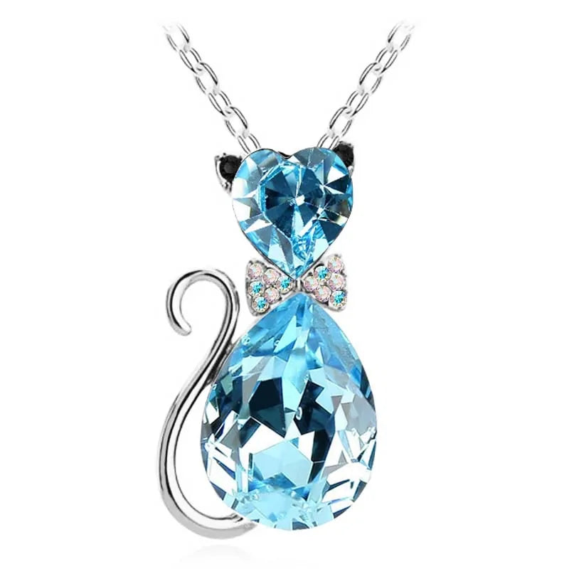 Heart Crystal Cat Pendant Necklace for Cat Lovers