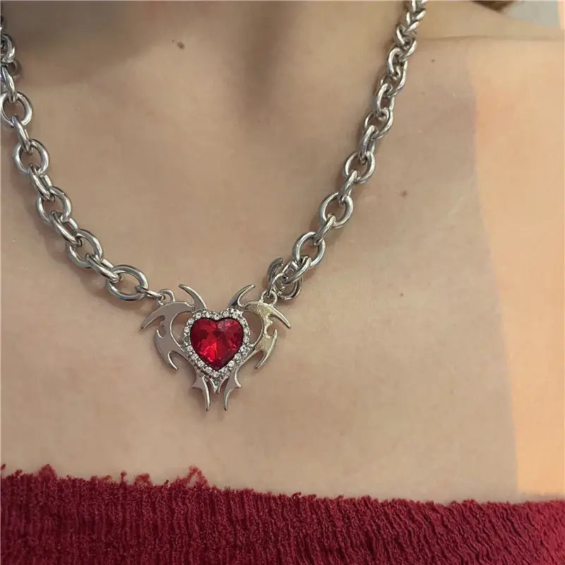 Red Crystal Pendant Necklace: Antique Silver Locket Necklace for Bold Elegance